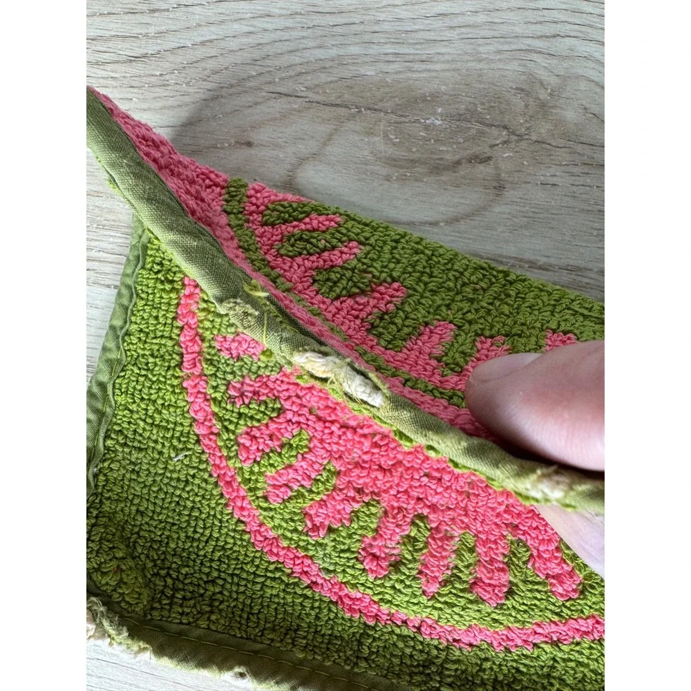 Vintage Pink Green Terry Cloth Potholder Retro Sunburst Floral Reversible 7.5in